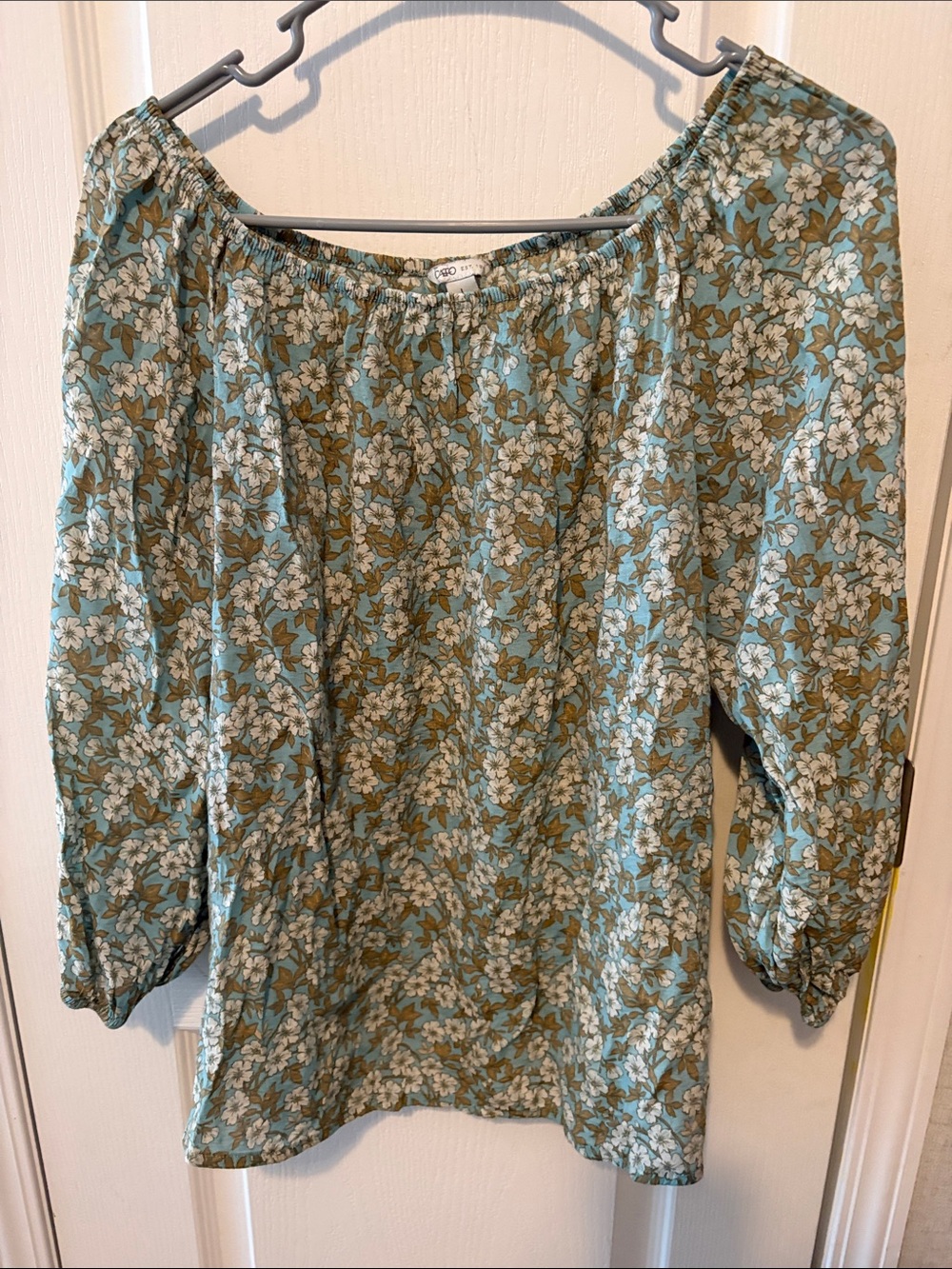 Cato Floral Off-Shoulder Blouse in Blue and Olive